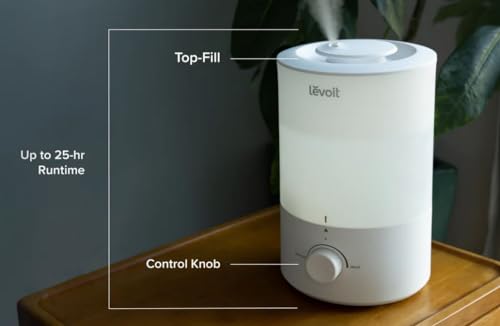 LEVOIT Top Fill Humidifiers for Bedroom, 2.5L Tank for Large Room, Easy to Fill & Clean, 28dB Quiet Cool Mist Air Humidifier for Home Baby Nursery & Plants, Auto Shut-off and BPA-Free for Safety, 25H