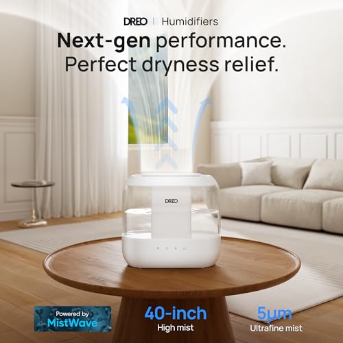 Dreo Humidifiers for Bedroom, Top Fill 4L Supersized Cool Mist Humidifier, 36H Runtime, 28 dB Quiet Ultrasonic Air Humidifier for Large Room, Plants, Baby Nursery, Indoor, Night Light, Easy to Clean