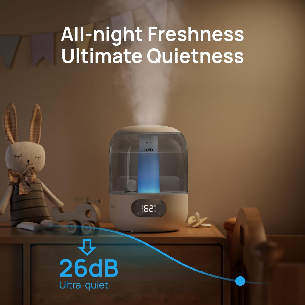 Dreo Humidifiers for Bedroom, 3L Top Fill 30H & 26dB Quiet Runtime for Large Room, Cool Mist Ultrasonic Humidifier with Humidity Sensor, Night Light for Home, Baby, Nursery, Plants, 360° Nozzle, White