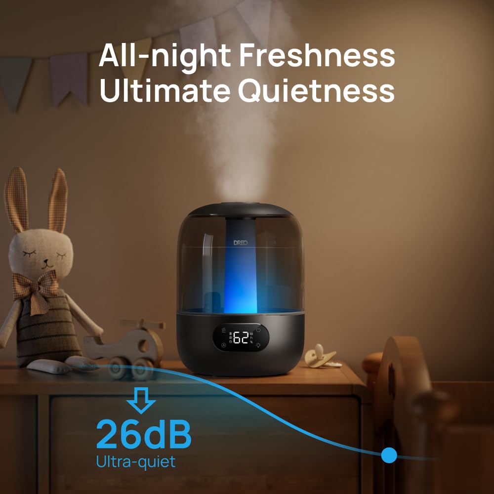 Dreo Humidifiers for Bedroom, 3L Top Fill 30H & 26dB Quiet Runtime for Large Room, Cool Mist Ultrasonic Humidifier with Humidity Sensor, Night Light for Home, Baby, Nursery, Plants, 360° Nozzle, White