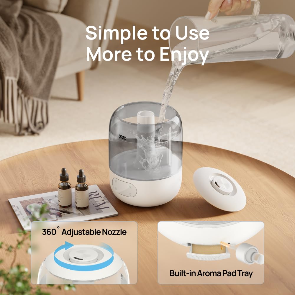 Dreo Humidifiers for Bedroom, 3L Top Fill 30H & 26dB Quiet Runtime for Large Room, Cool Mist Ultrasonic Humidifier with Humidity Sensor, Night Light for Home, Baby, Nursery, Plants, 360° Nozzle, White
