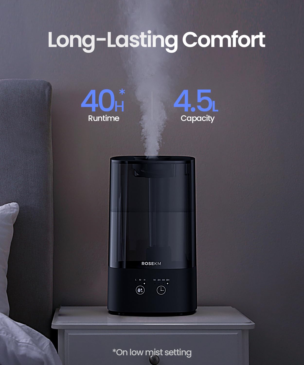 Humidifiers for Bedroom, 2.0L Cool Mist Humidifier for Home Plant and Baby Nursery, Quiet Ultrasonic Humidifier with 360° Nozzle, Auto Shut-Off, Filterless, Black