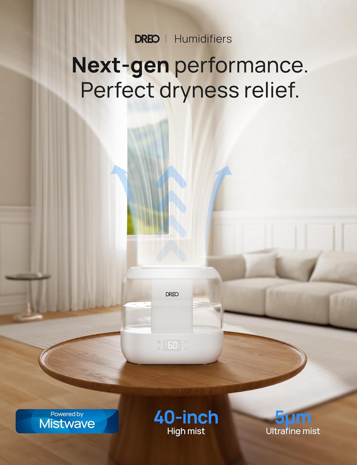 Dreo Humidifiers for Bedroom, Top Fill 4L Supersized Cool Mist Humidifier, 36H Runtime, 28 dB Quiet Ultrasonic Air Humidifier for Large Room, Plants, Baby Nursery, Indoor, Night Light, Easy to Clean