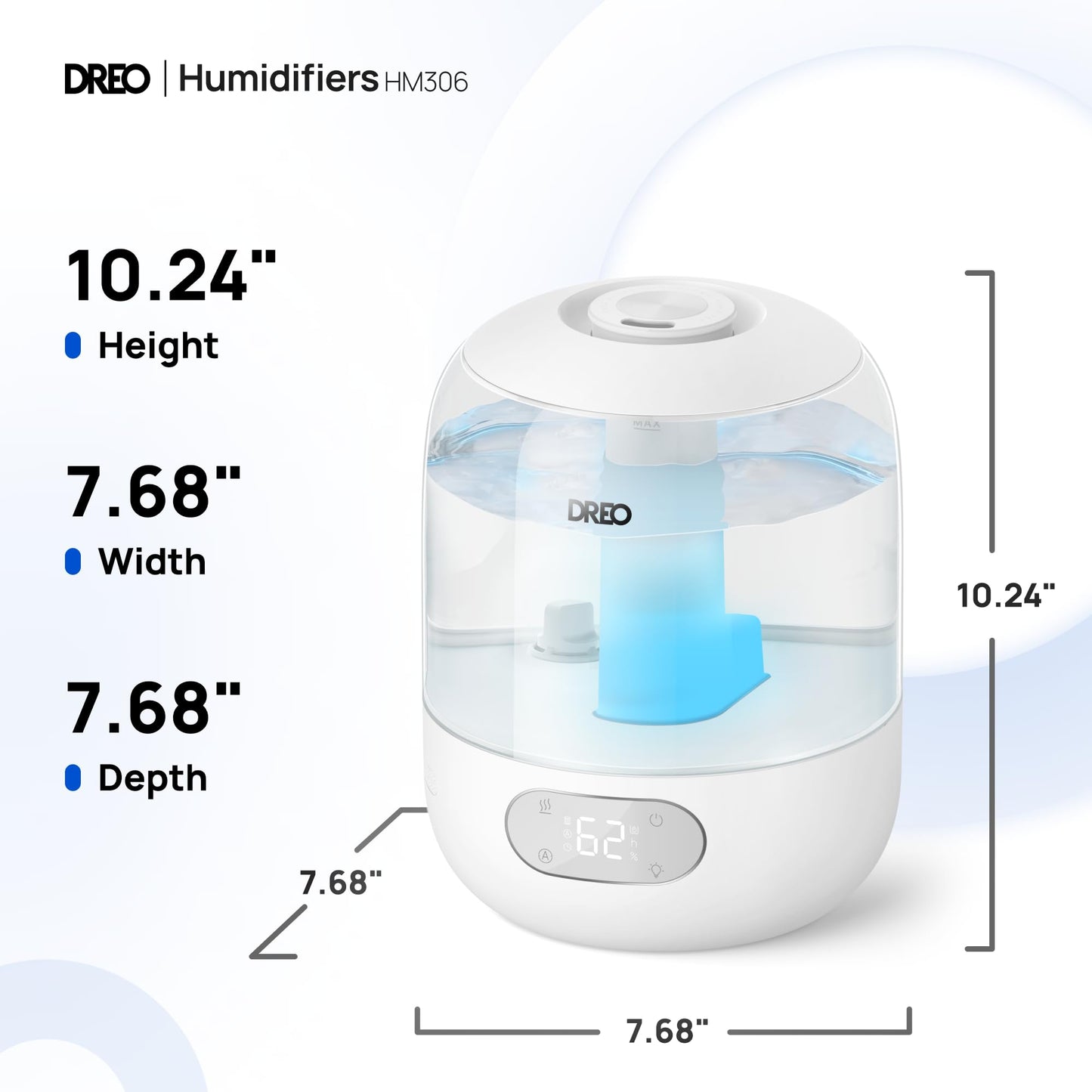 Dreo Humidifiers for Bedroom, 3L Top Fill 30H & 26dB Quiet Runtime for Large Room, Cool Mist Ultrasonic Humidifier with Humidity Sensor, Night Light for Home, Baby, Nursery, Plants, 360° Nozzle, White