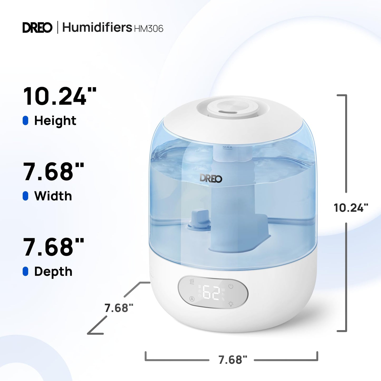Dreo Humidifiers for Bedroom, 3L Top Fill 30H & 26dB Quiet Runtime for Large Room, Cool Mist Ultrasonic Humidifier with Humidity Sensor, Night Light for Home, Baby, Nursery, Plants, 360° Nozzle, White