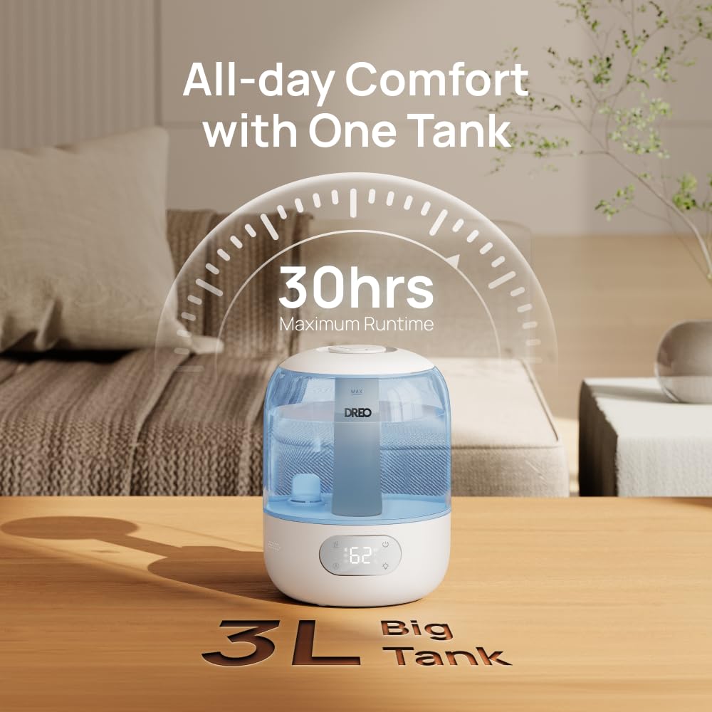 Dreo Humidifiers for Bedroom, 3L Top Fill 30H & 26dB Quiet Runtime for Large Room, Cool Mist Ultrasonic Humidifier with Humidity Sensor, Night Light for Home, Baby, Nursery, Plants, 360° Nozzle, White