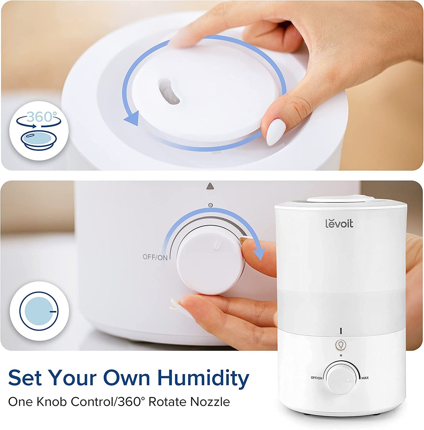 LEVOIT Top Fill Humidifiers for Bedroom, 2.5L Tank for Large Room, Easy to Fill & Clean, 28dB Quiet Cool Mist Air Humidifier for Home Baby Nursery & Plants, Auto Shut-off and BPA-Free for Safety, 25H