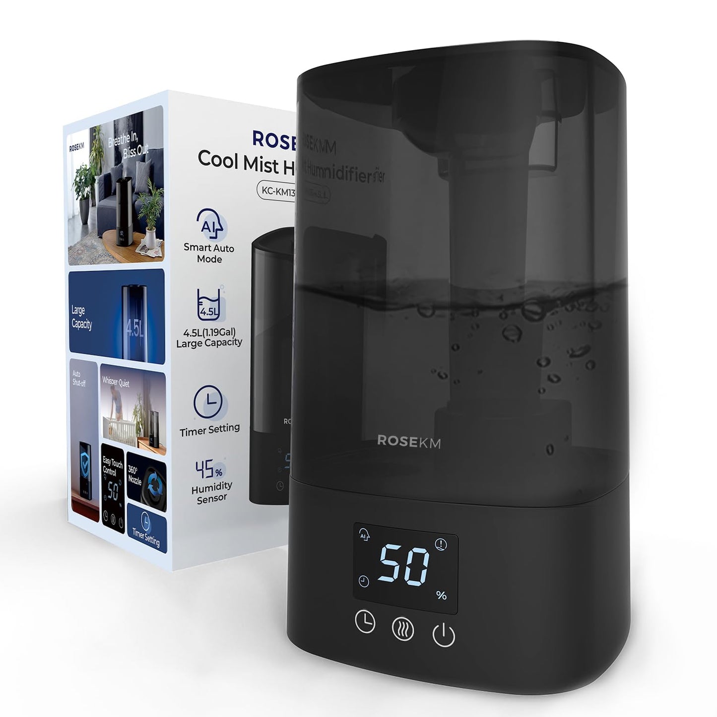 Humidifiers for Bedroom, 2.0L Cool Mist Humidifier for Home Plant and Baby Nursery, Quiet Ultrasonic Humidifier with 360° Nozzle, Auto Shut-Off, Filterless, Black