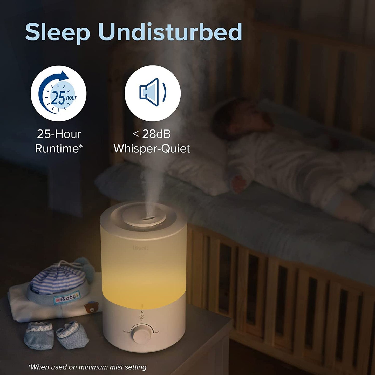 LEVOIT Top Fill Humidifiers for Bedroom, 2.5L Tank for Large Room, Easy to Fill & Clean, 28dB Quiet Cool Mist Air Humidifier for Home Baby Nursery & Plants, Auto Shut-off and BPA-Free for Safety, 25H