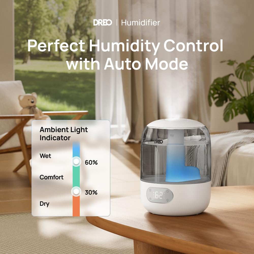 Dreo Humidifiers for Bedroom, 3L Top Fill 30H & 26dB Quiet Runtime for Large Room, Cool Mist Ultrasonic Humidifier with Humidity Sensor, Night Light for Home, Baby, Nursery, Plants, 360° Nozzle, White