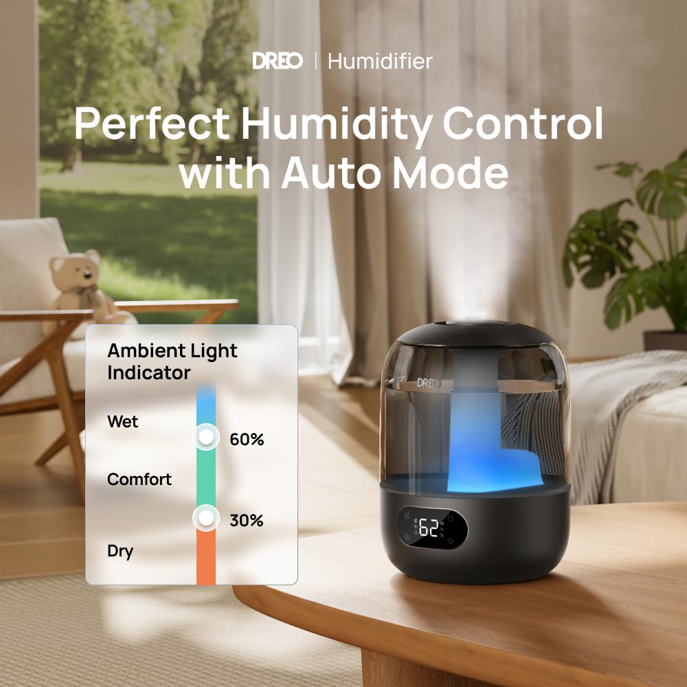 Dreo Humidifiers for Bedroom, 3L Top Fill 30H & 26dB Quiet Runtime for Large Room, Cool Mist Ultrasonic Humidifier with Humidity Sensor, Night Light for Home, Baby, Nursery, Plants, 360° Nozzle, White
