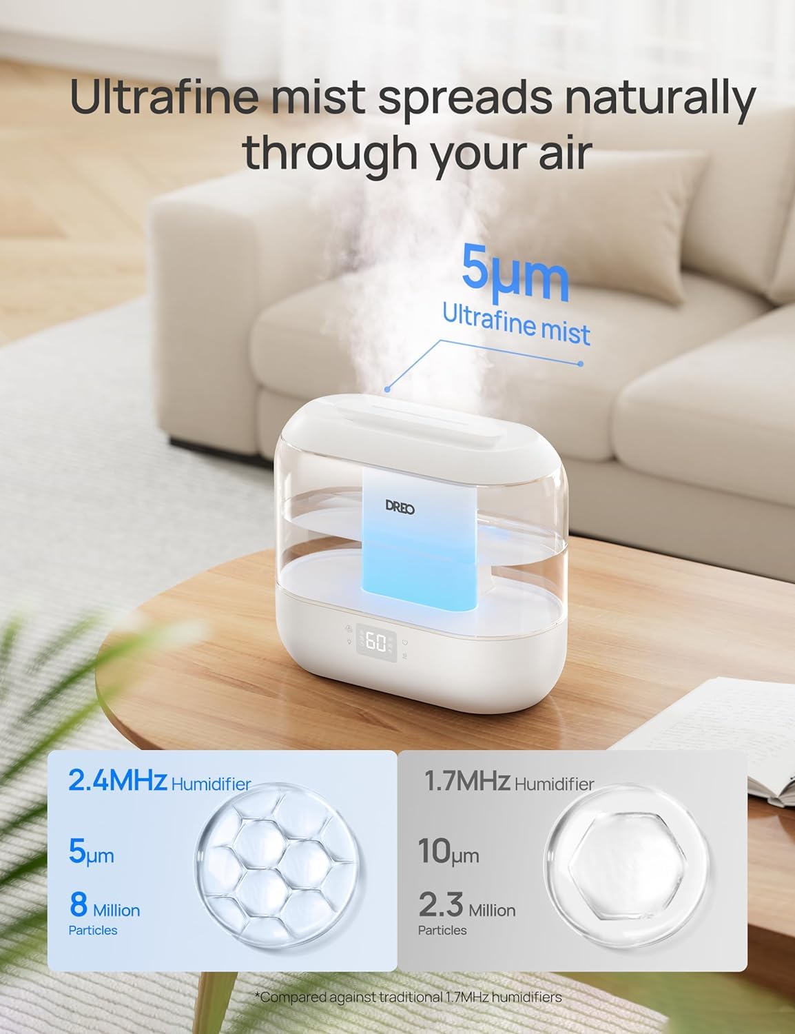 Dreo Humidifiers for Bedroom, Top Fill 4L Supersized Cool Mist Humidifier, 36H Runtime, 28 dB Quiet Ultrasonic Air Humidifier for Large Room, Plants, Baby Nursery, Indoor, Night Light, Easy to Clean