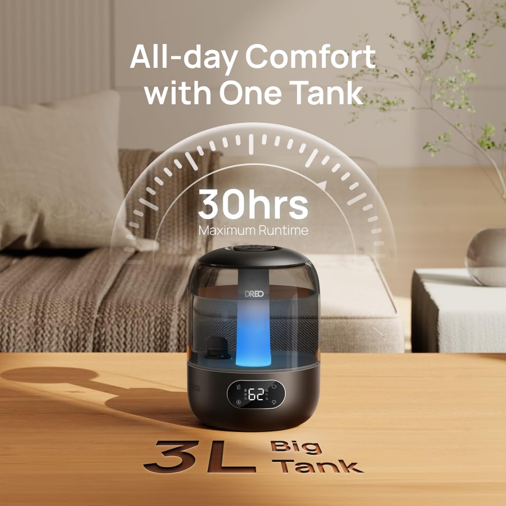 Dreo Humidifiers for Bedroom, 3L Top Fill 30H & 26dB Quiet Runtime for Large Room, Cool Mist Ultrasonic Humidifier with Humidity Sensor, Night Light for Home, Baby, Nursery, Plants, 360° Nozzle, White