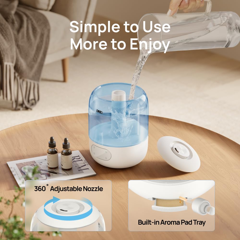 Dreo Humidifiers for Bedroom, 3L Top Fill 30H & 26dB Quiet Runtime for Large Room, Cool Mist Ultrasonic Humidifier with Humidity Sensor, Night Light for Home, Baby, Nursery, Plants, 360° Nozzle, White