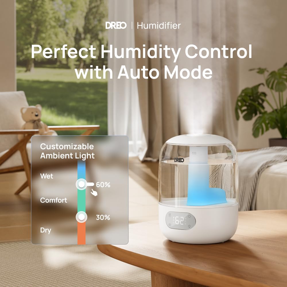 Dreo Humidifiers for Bedroom, 3L Top Fill 30H & 26dB Quiet Runtime for Large Room, Cool Mist Ultrasonic Humidifier with Humidity Sensor, Night Light for Home, Baby, Nursery, Plants, 360° Nozzle, White