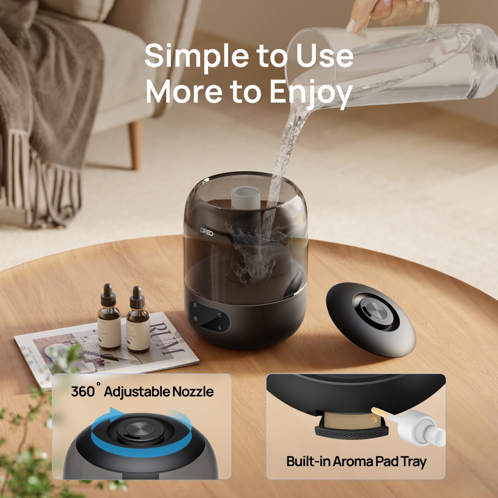 Dreo Humidifiers for Bedroom, 3L Top Fill 30H & 26dB Quiet Runtime for Large Room, Cool Mist Ultrasonic Humidifier with Humidity Sensor, Night Light for Home, Baby, Nursery, Plants, 360° Nozzle, White