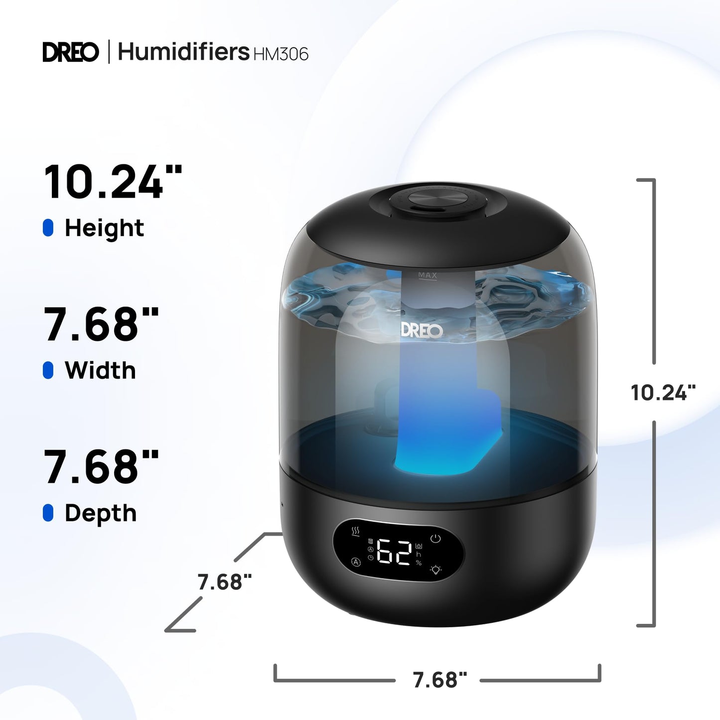 Dreo Humidifiers for Bedroom, 3L Top Fill 30H & 26dB Quiet Runtime for Large Room, Cool Mist Ultrasonic Humidifier with Humidity Sensor, Night Light for Home, Baby, Nursery, Plants, 360° Nozzle, White