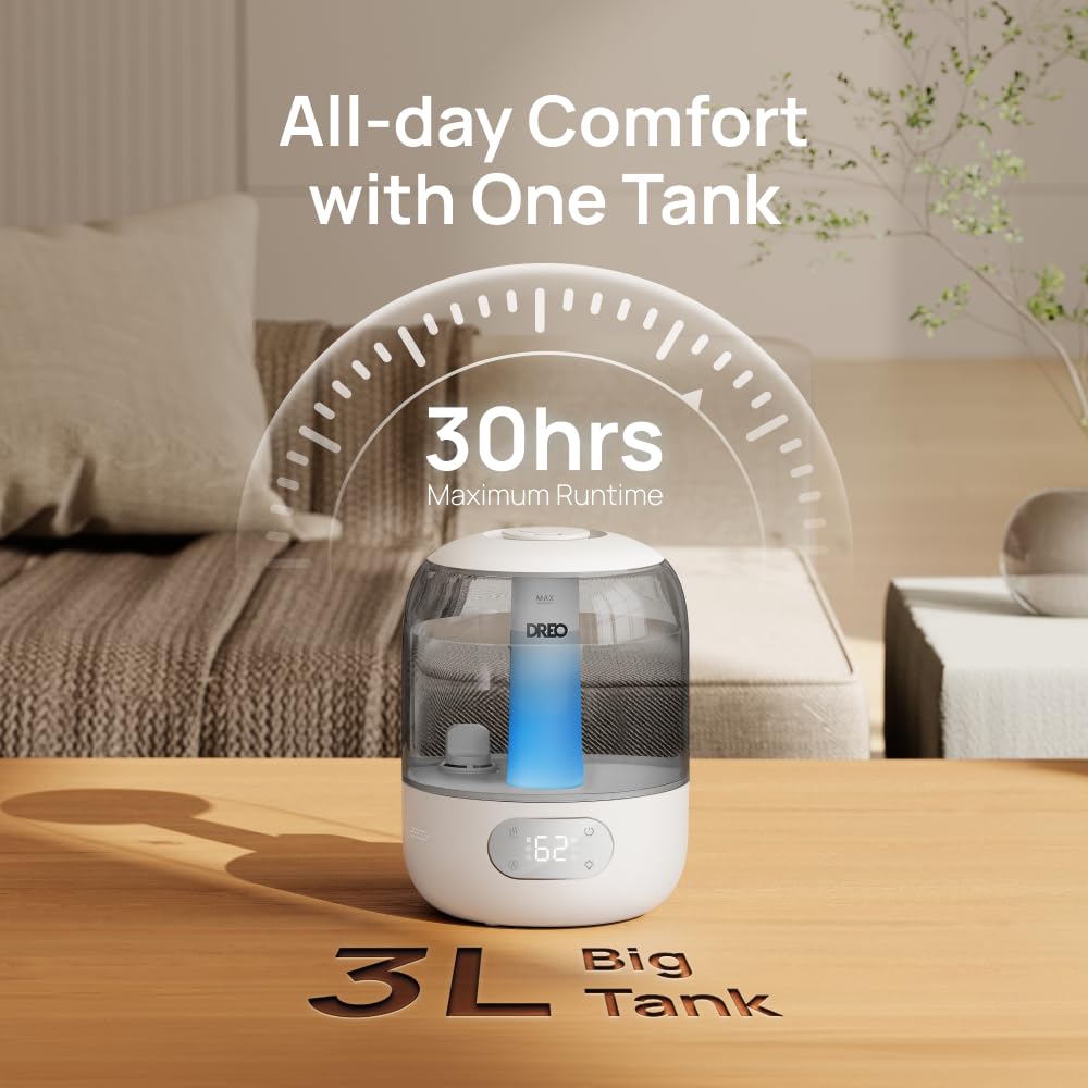 Dreo Humidifiers for Bedroom, 3L Top Fill 30H & 26dB Quiet Runtime for Large Room, Cool Mist Ultrasonic Humidifier with Humidity Sensor, Night Light for Home, Baby, Nursery, Plants, 360° Nozzle, White