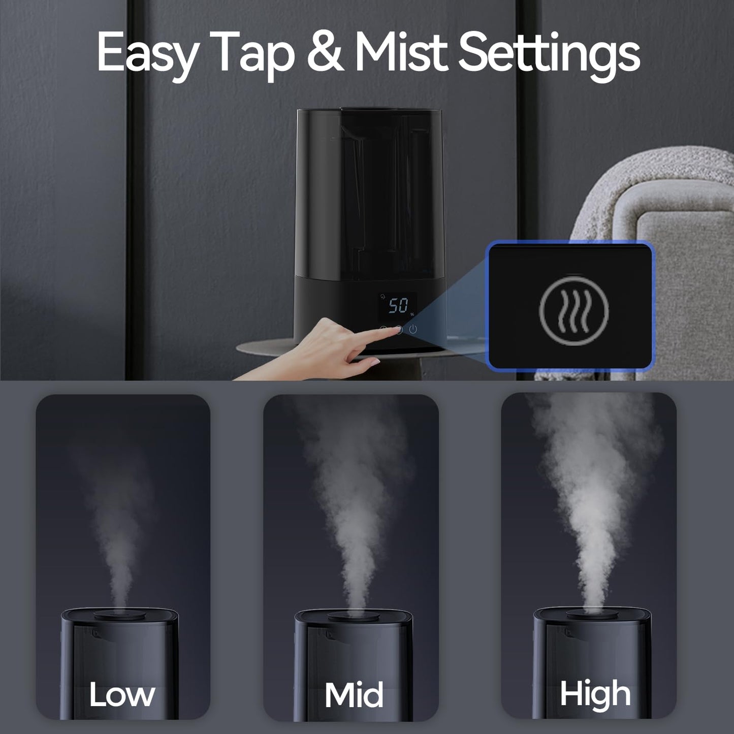 Humidifiers for Bedroom, 2.0L Cool Mist Humidifier for Home Plant and Baby Nursery, Quiet Ultrasonic Humidifier with 360° Nozzle, Auto Shut-Off, Filterless, Black
