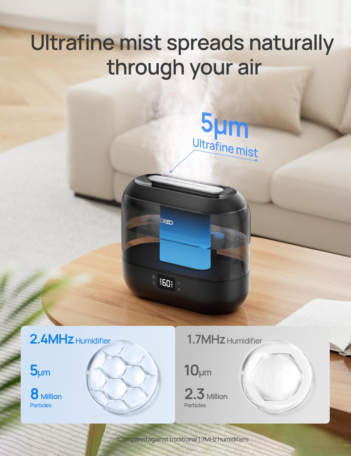 Dreo Humidifiers for Bedroom, Top Fill 4L Supersized Cool Mist Humidifier, 36H Runtime, 28 dB Quiet Ultrasonic Air Humidifier for Large Room, Plants, Baby Nursery, Indoor, Night Light, Easy to Clean