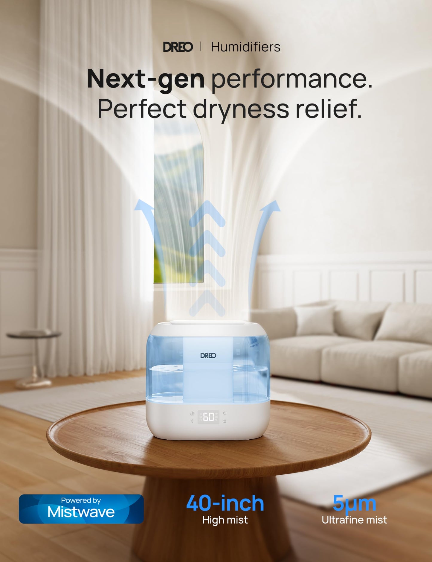 Dreo Humidifiers for Bedroom, Top Fill 4L Supersized Cool Mist Humidifier, 36H Runtime, 28 dB Quiet Ultrasonic Air Humidifier for Large Room, Plants, Baby Nursery, Indoor, Night Light, Easy to Clean