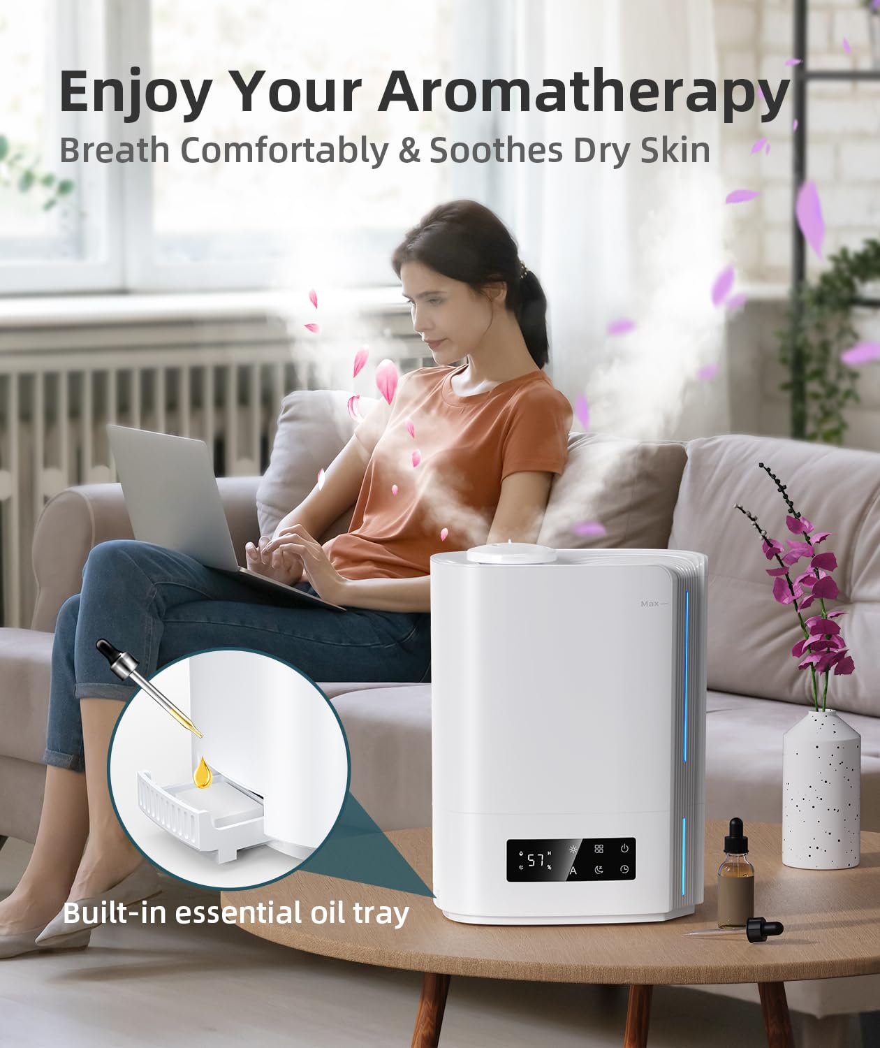 BREEZOME 6L Humidifiers for Bedroom Large Room & Essential Oil Diffuser, Ultrasonic Top Fill Cool Mist Humidifiers for Baby, Plants, Nursery Last up to 60 Hours, Smart Humidistat Control, Quiet, Black