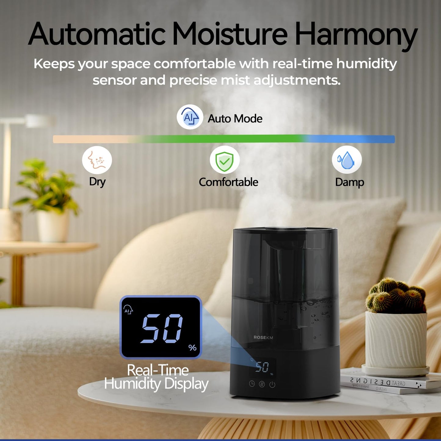 Humidifiers for Bedroom, 2.0L Cool Mist Humidifier for Home Plant and Baby Nursery, Quiet Ultrasonic Humidifier with 360° Nozzle, Auto Shut-Off, Filterless, Black
