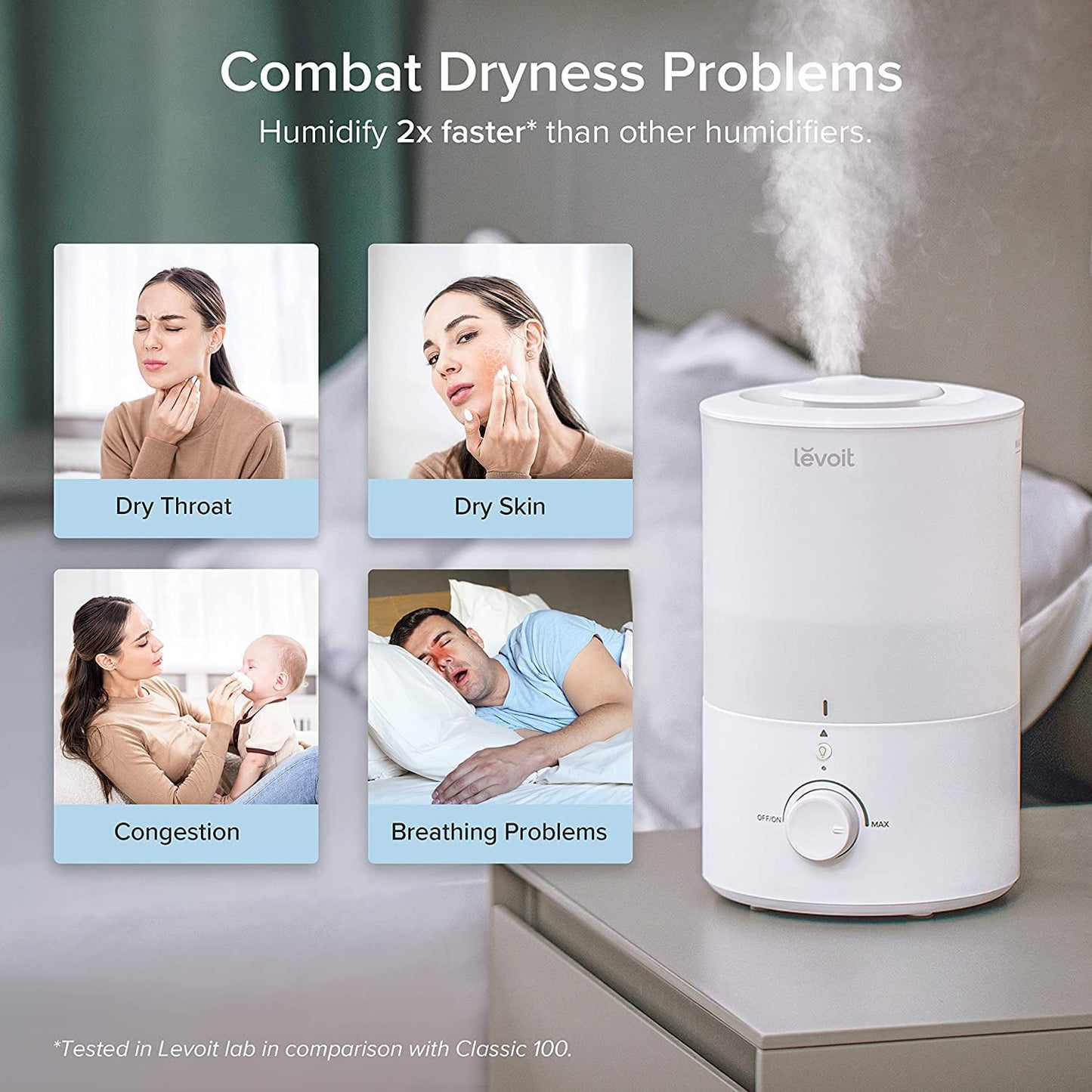 LEVOIT Top Fill Humidifiers for Bedroom, 2.5L Tank for Large Room, Easy to Fill & Clean, 28dB Quiet Cool Mist Air Humidifier for Home Baby Nursery & Plants, Auto Shut-off and BPA-Free for Safety, 25H