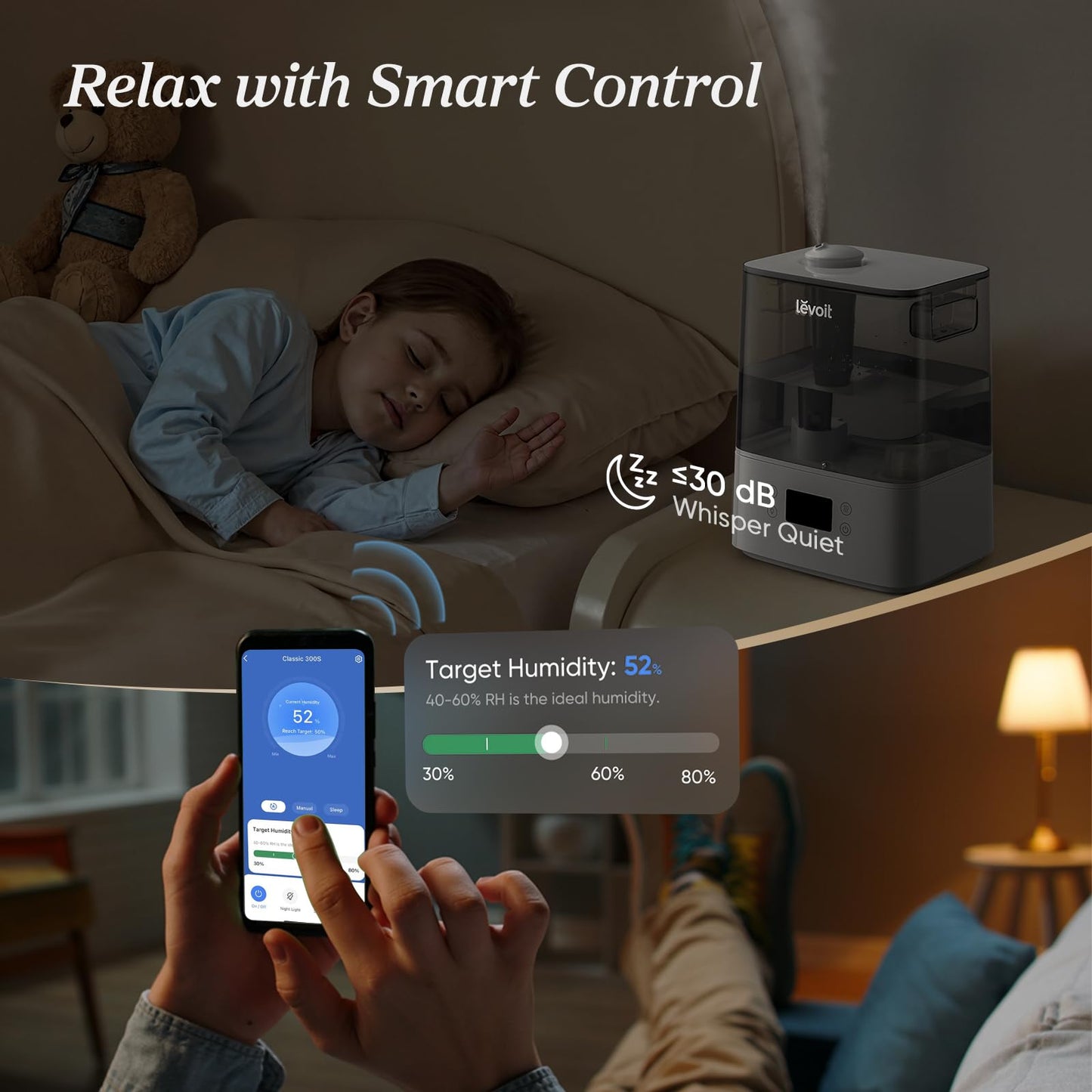 LEVOIT Smart Humidifiers for Bedroom Large Room Home,(6L) Cool Mist Top Fill Essential Oil Diffuser for Baby & Plants,Smart App & Voice Control, Rapid Humidification & Auto Mode-Quiet Sleep Mode, Gray