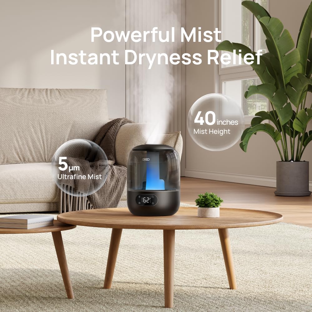 Dreo Humidifiers for Bedroom, 3L Top Fill 30H & 26dB Quiet Runtime for Large Room, Cool Mist Ultrasonic Humidifier with Humidity Sensor, Night Light for Home, Baby, Nursery, Plants, 360° Nozzle, White