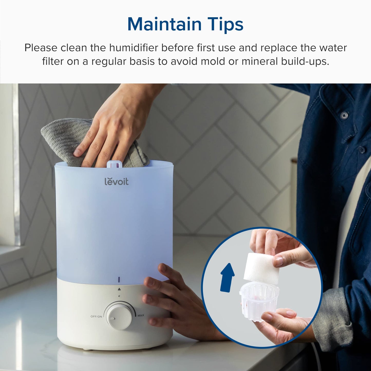 LEVOIT Top Fill Humidifiers for Bedroom, 2.5L Tank for Large Room, Easy to Fill & Clean, 28dB Quiet Cool Mist Air Humidifier for Home Baby Nursery & Plants, Auto Shut-off and BPA-Free for Safety, 25H