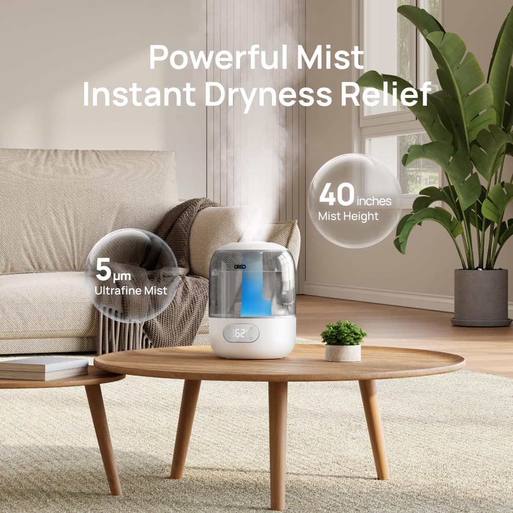 Dreo Humidifiers for Bedroom, 3L Top Fill 30H & 26dB Quiet Runtime for Large Room, Cool Mist Ultrasonic Humidifier with Humidity Sensor, Night Light for Home, Baby, Nursery, Plants, 360° Nozzle, White