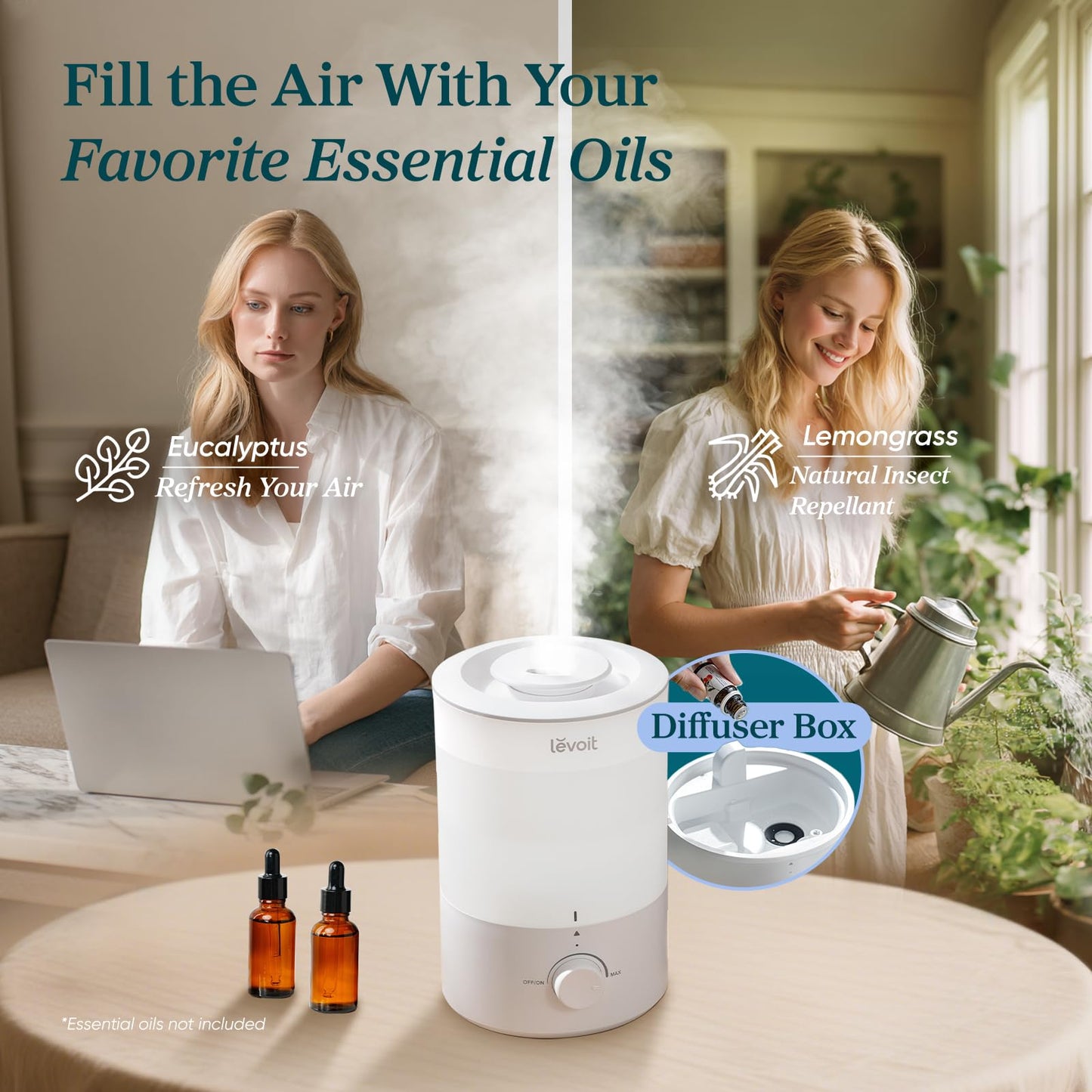 LEVOIT Top Fill Humidifiers for Bedroom, 2.5L Tank for Large Room, Easy to Fill & Clean, 28dB Quiet Cool Mist Air Humidifier for Home Baby Nursery & Plants, Auto Shut-off and BPA-Free for Safety, 25H
