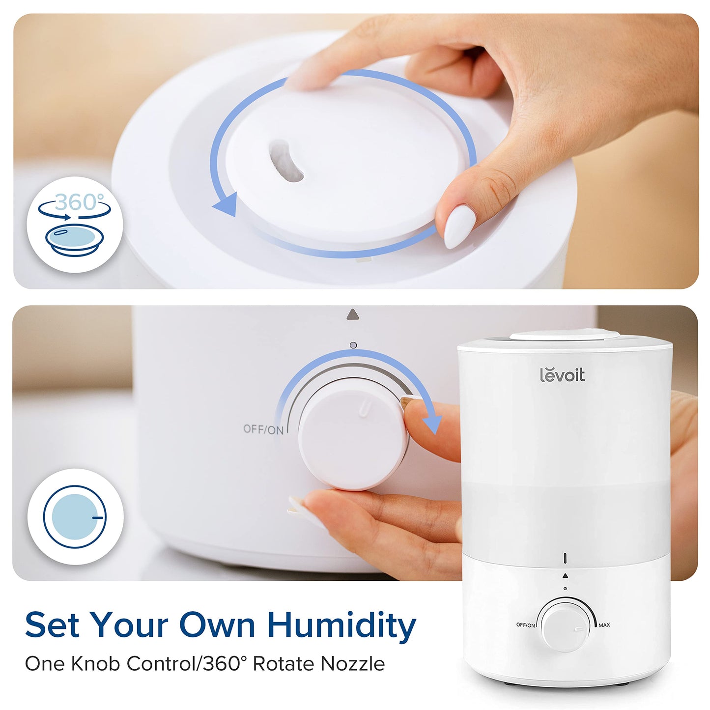 LEVOIT Top Fill Humidifiers for Bedroom, 2.5L Tank for Large Room, Easy to Fill & Clean, 28dB Quiet Cool Mist Air Humidifier for Home Baby Nursery & Plants, Auto Shut-off and BPA-Free for Safety, 25H