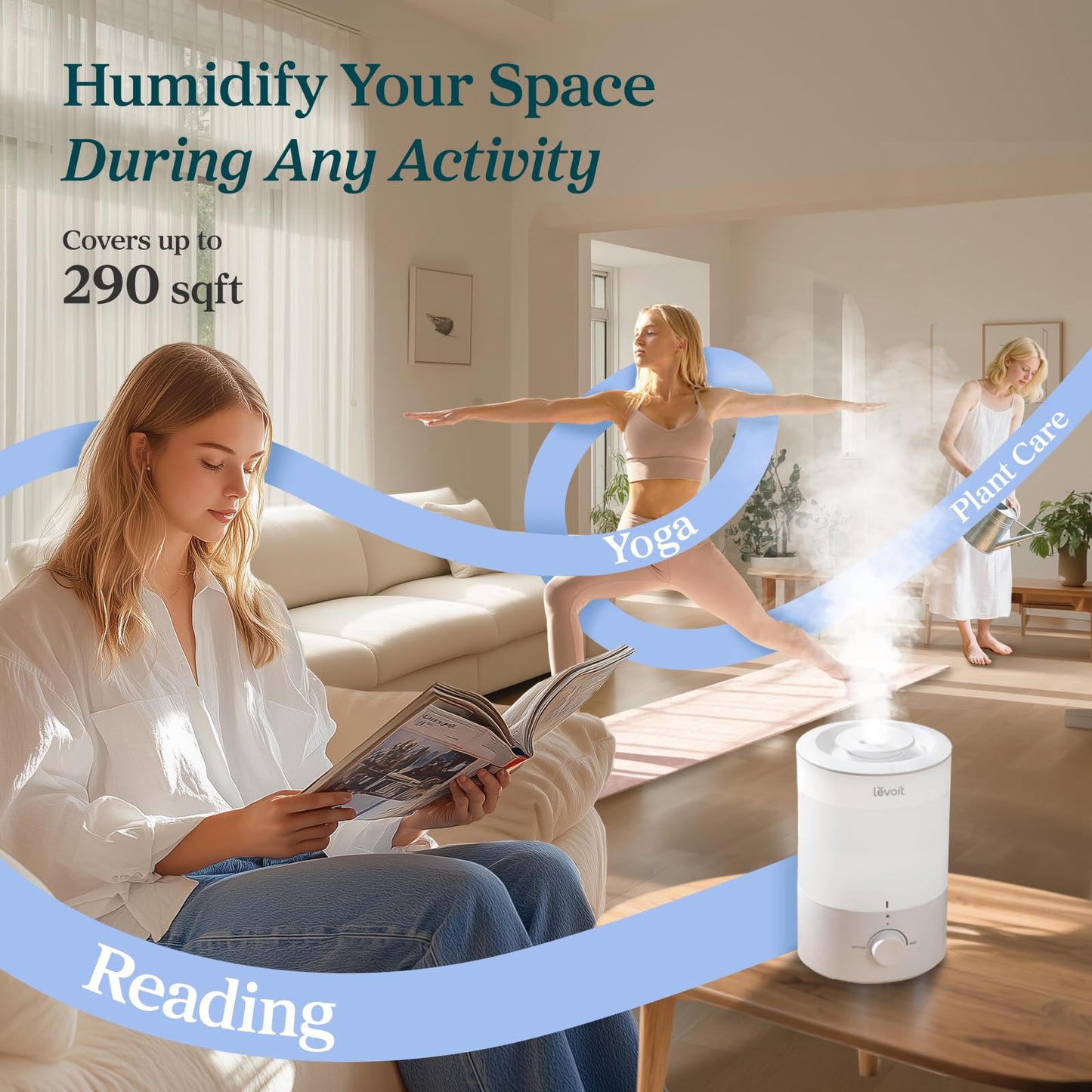 LEVOIT Top Fill Humidifiers for Bedroom, 2.5L Tank for Large Room, Easy to Fill & Clean, 28dB Quiet Cool Mist Air Humidifier for Home Baby Nursery & Plants, Auto Shut-off and BPA-Free for Safety, 25H
