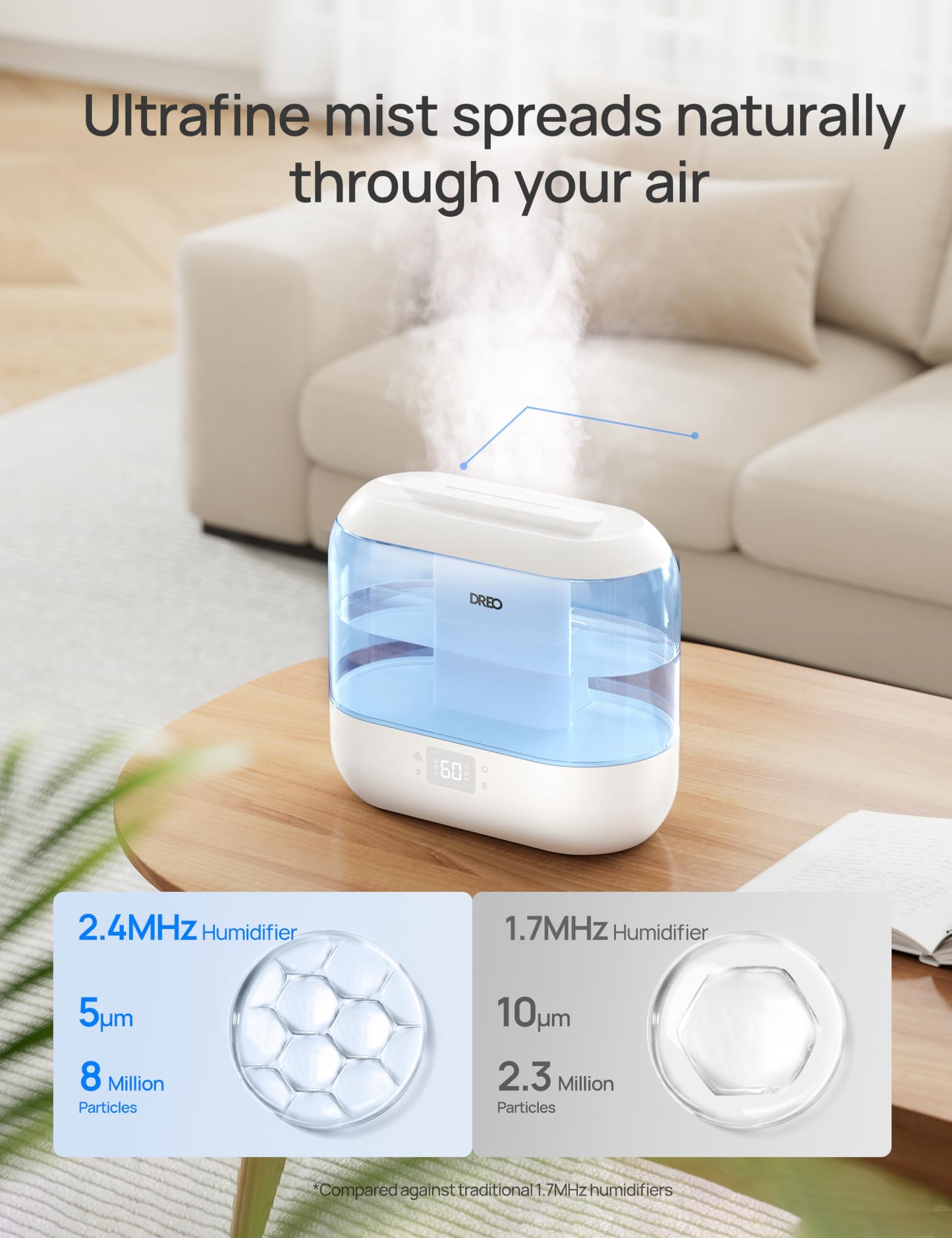 Dreo Humidifiers for Bedroom, Top Fill 4L Supersized Cool Mist Humidifier, 36H Runtime, 28 dB Quiet Ultrasonic Air Humidifier for Large Room, Plants, Baby Nursery, Indoor, Night Light, Easy to Clean