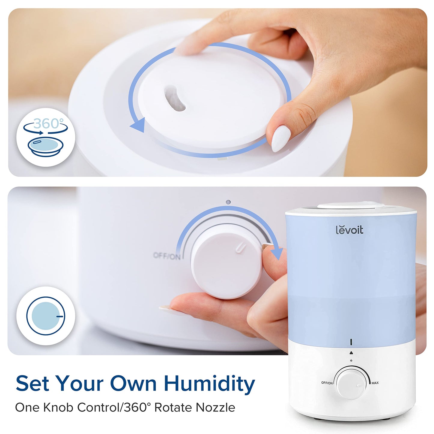 LEVOIT Top Fill Humidifiers for Bedroom, 2.5L Tank for Large Room, Easy to Fill & Clean, 28dB Quiet Cool Mist Air Humidifier for Home Baby Nursery & Plants, Auto Shut-off and BPA-Free for Safety, 25H