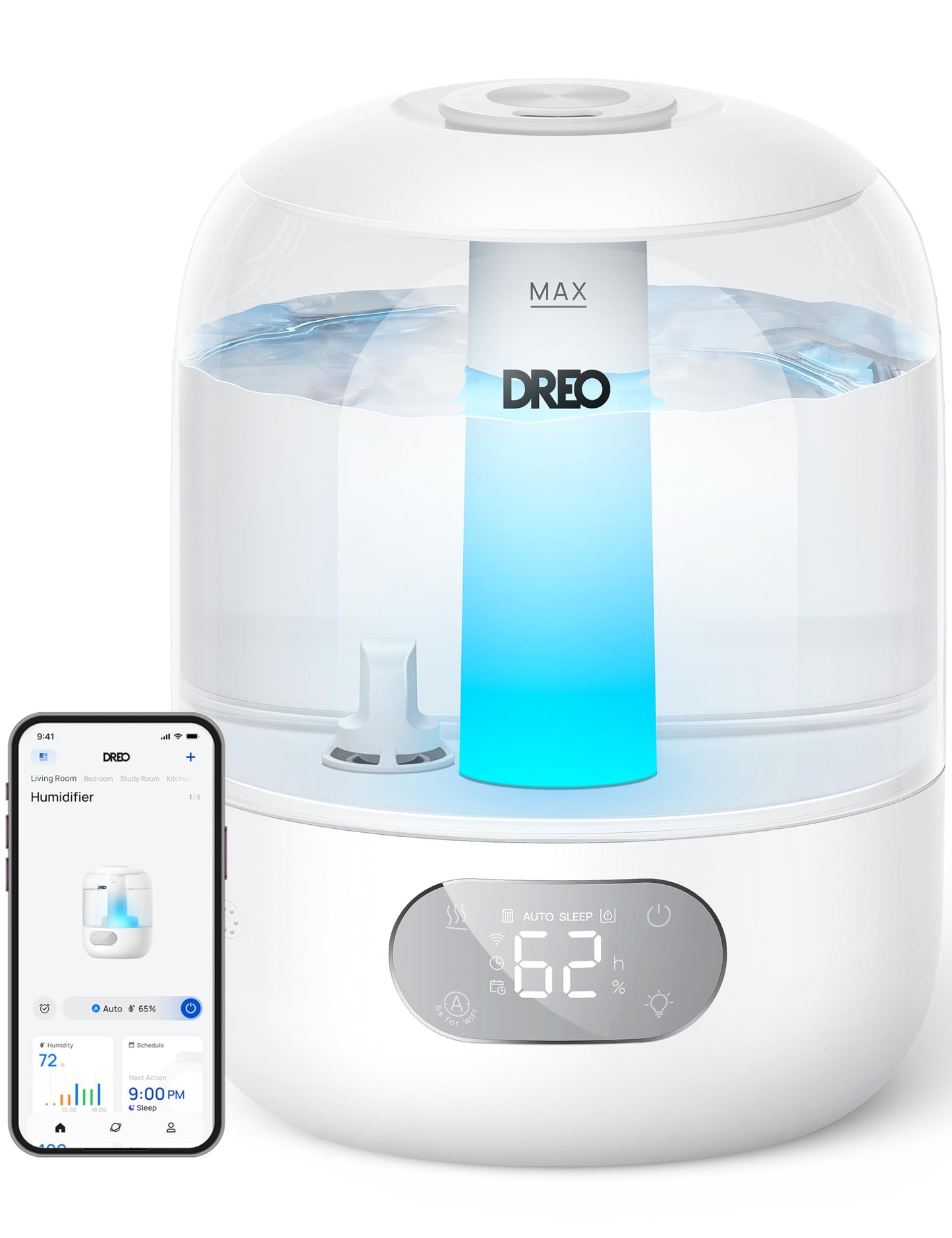 Dreo Humidifiers for Bedroom, 3L Top Fill 30H & 26dB Quiet Runtime for Large Room, Cool Mist Ultrasonic Humidifier with Humidity Sensor, Night Light for Home, Baby, Nursery, Plants, 360° Nozzle, White