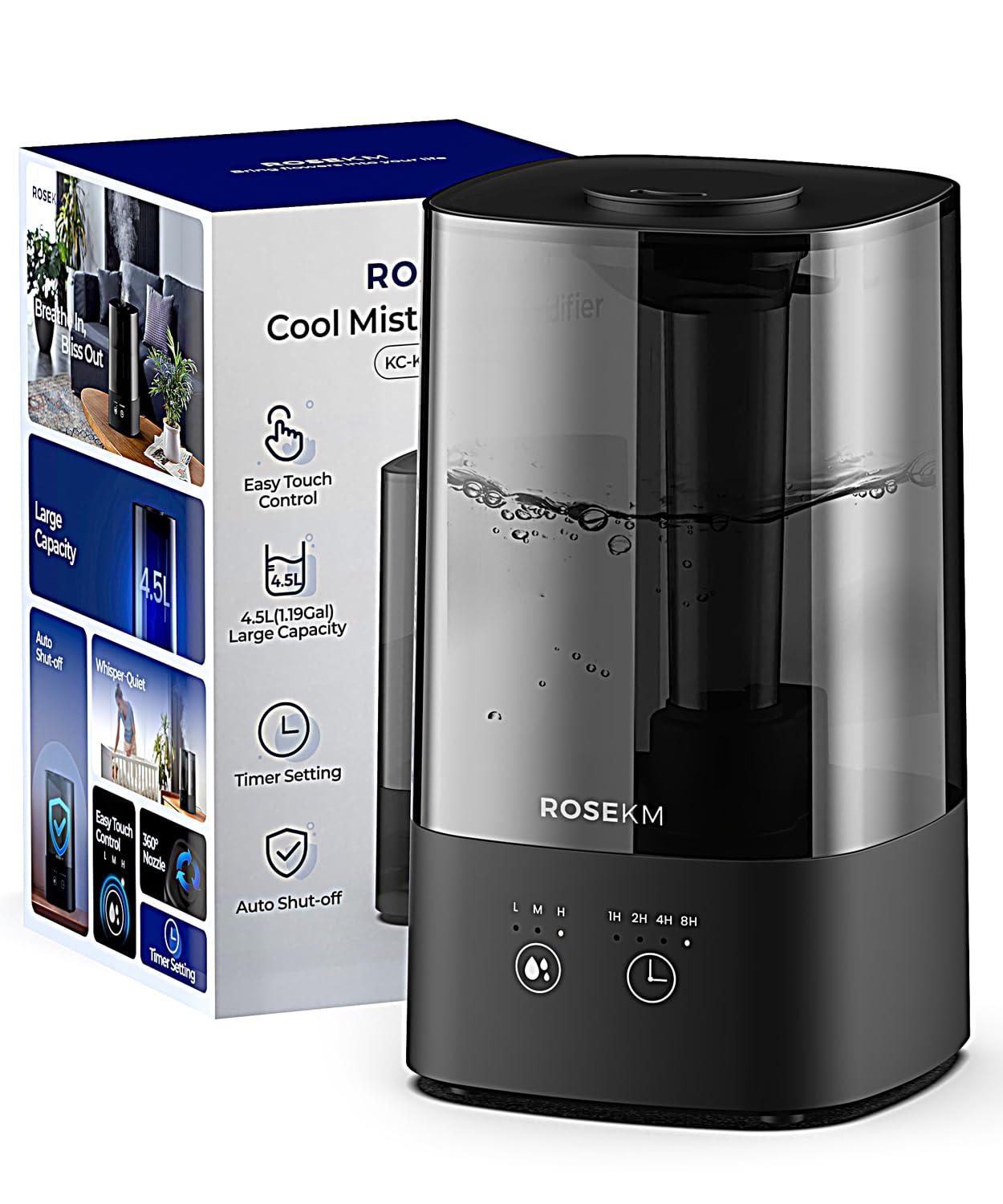 Humidifiers for Bedroom, 2.0L Cool Mist Humidifier for Home Plant and Baby Nursery, Quiet Ultrasonic Humidifier with 360° Nozzle, Auto Shut-Off, Filterless, Black