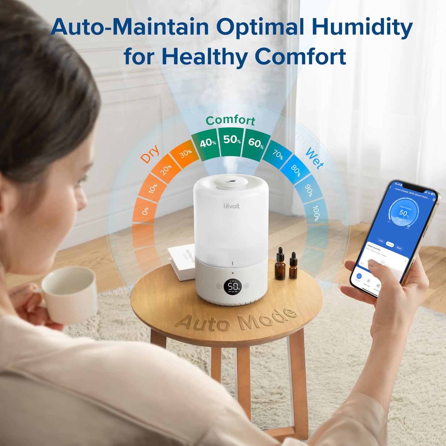 LEVOIT Top Fill Humidifiers for Bedroom, 2.5L Tank for Large Room, Easy to Fill & Clean, 28dB Quiet Cool Mist Air Humidifier for Home Baby Nursery & Plants, Auto Shut-off and BPA-Free for Safety, 25H