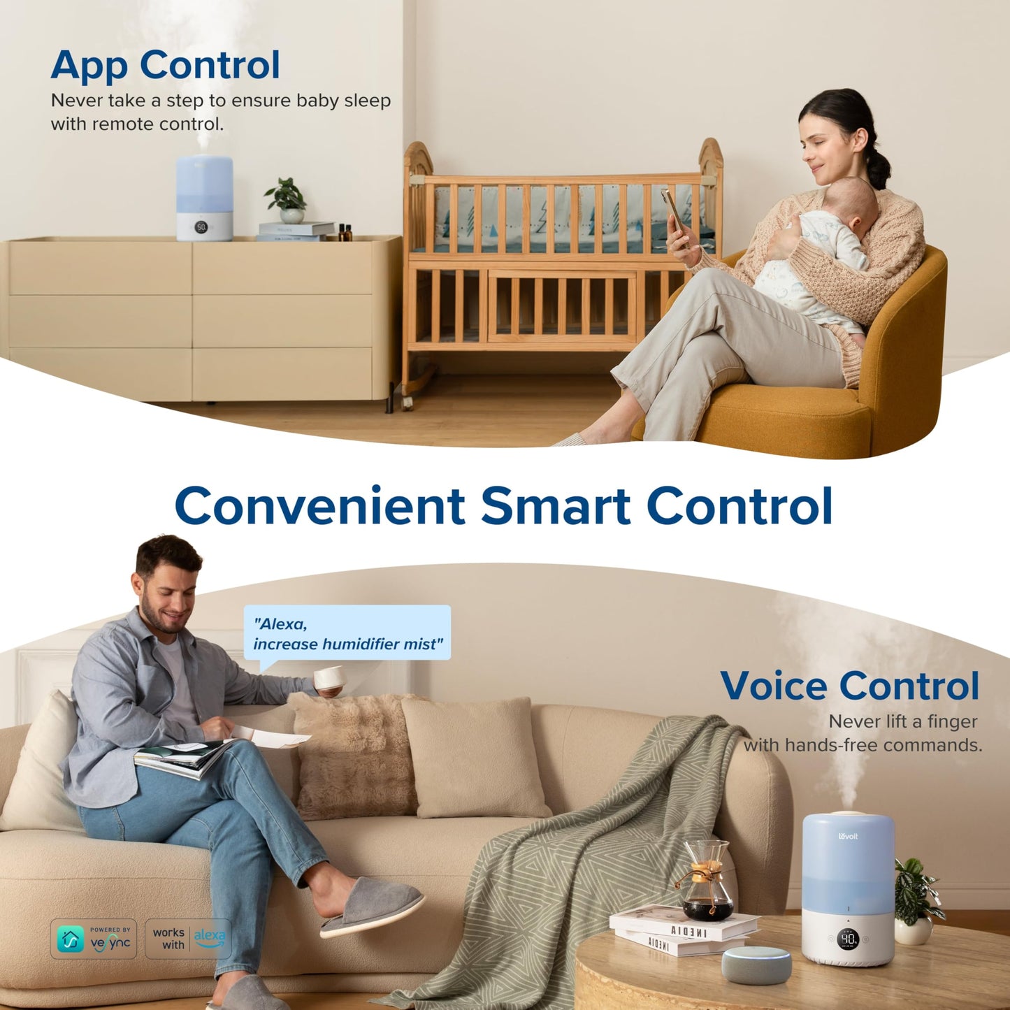 LEVOIT Top Fill Humidifiers for Bedroom, 2.5L Tank for Large Room, Easy to Fill & Clean, 28dB Quiet Cool Mist Air Humidifier for Home Baby Nursery & Plants, Auto Shut-off and BPA-Free for Safety, 25H