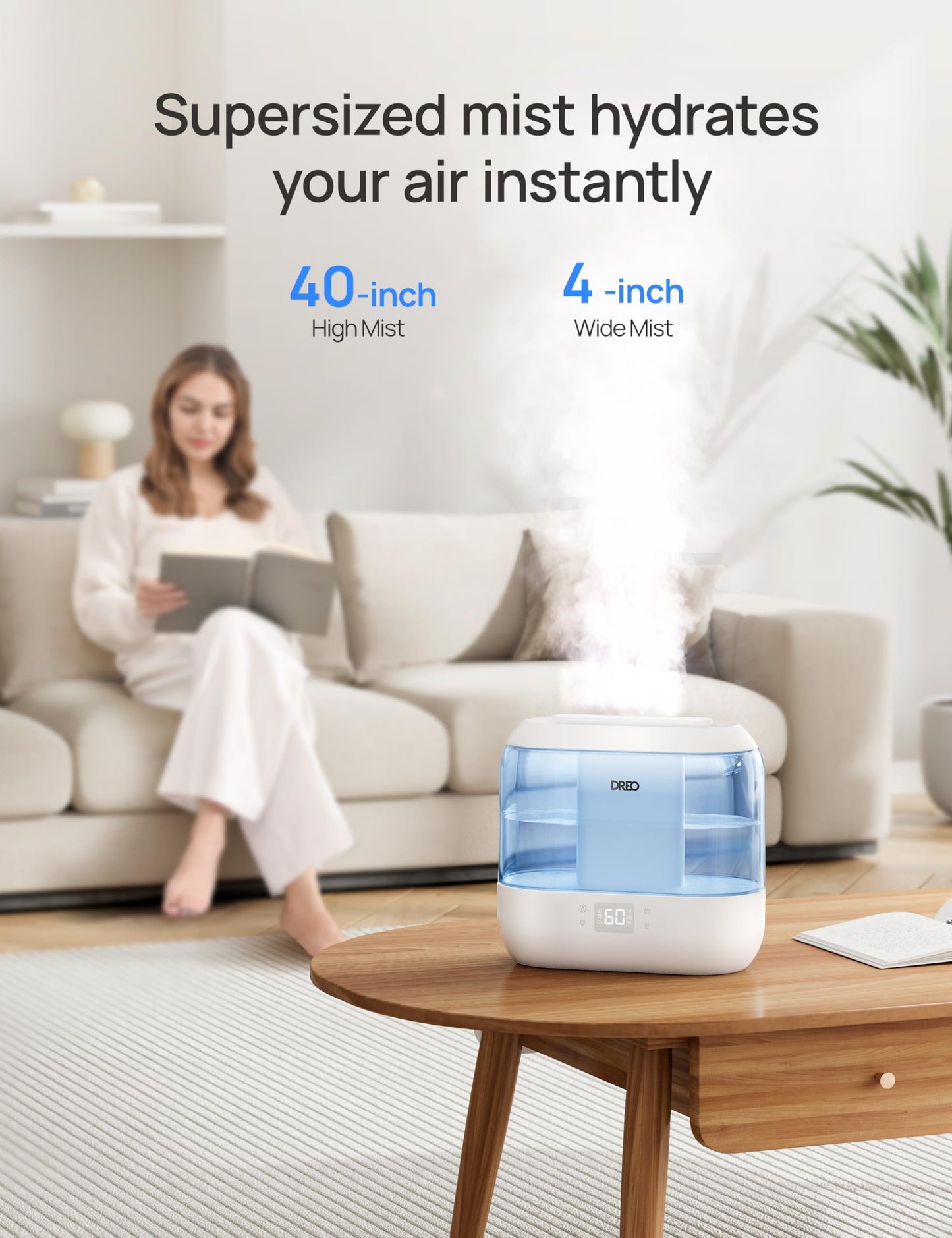Dreo Humidifiers for Bedroom, Top Fill 4L Supersized Cool Mist Humidifier, 36H Runtime, 28 dB Quiet Ultrasonic Air Humidifier for Large Room, Plants, Baby Nursery, Indoor, Night Light, Easy to Clean