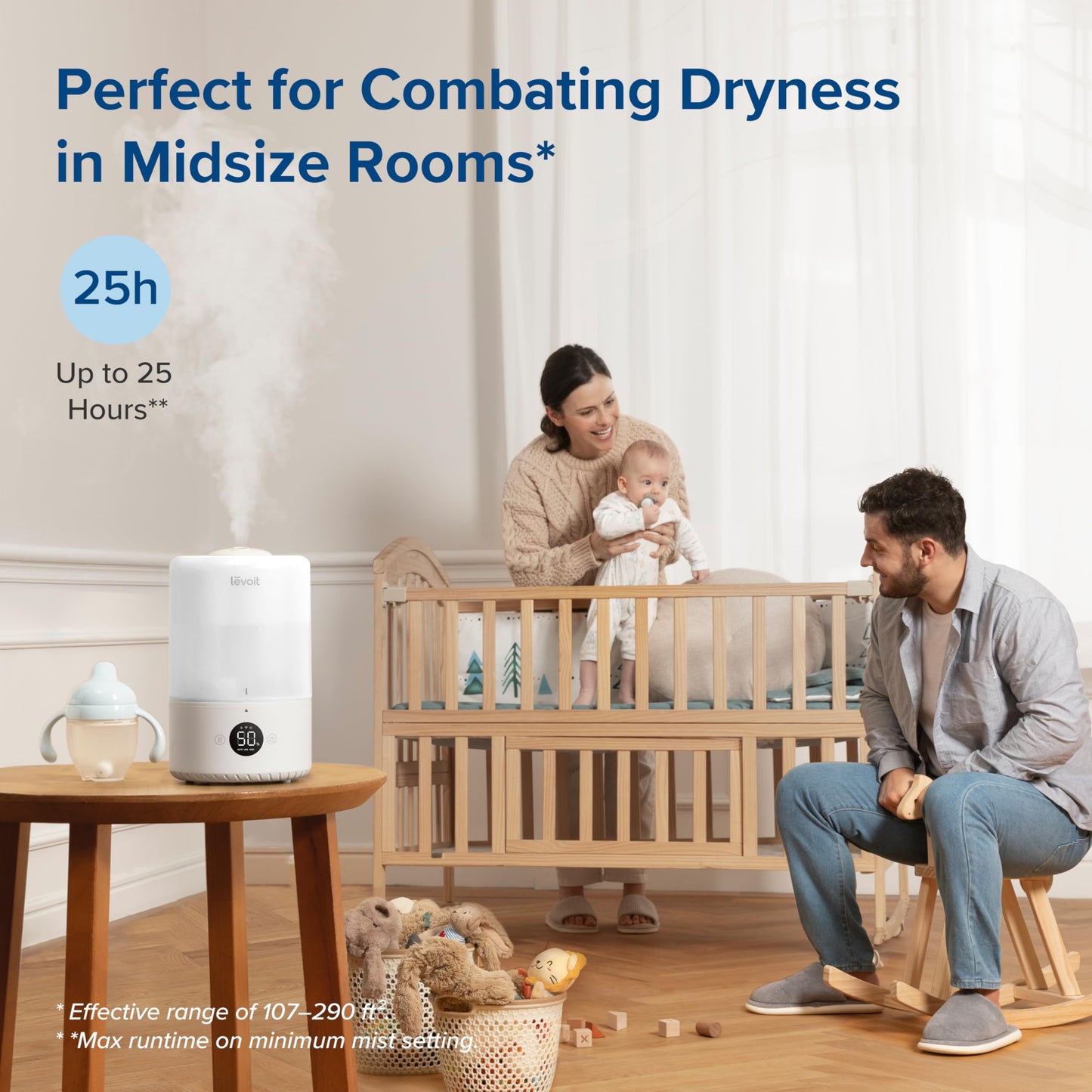 LEVOIT Top Fill Humidifiers for Bedroom, 2.5L Tank for Large Room, Easy to Fill & Clean, 28dB Quiet Cool Mist Air Humidifier for Home Baby Nursery & Plants, Auto Shut-off and BPA-Free for Safety, 25H