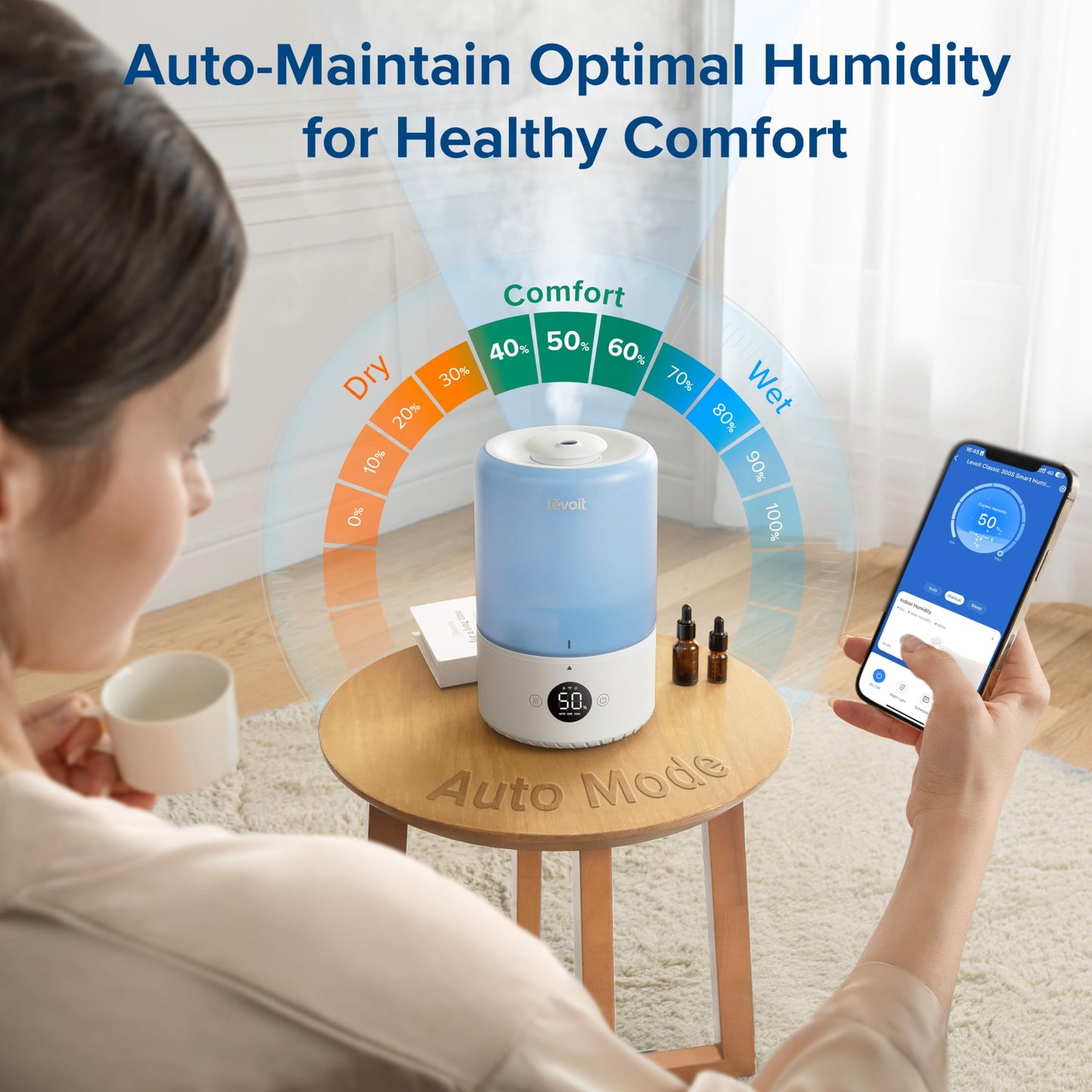 LEVOIT Top Fill Humidifiers for Bedroom, 2.5L Tank for Large Room, Easy to Fill & Clean, 28dB Quiet Cool Mist Air Humidifier for Home Baby Nursery & Plants, Auto Shut-off and BPA-Free for Safety, 25H
