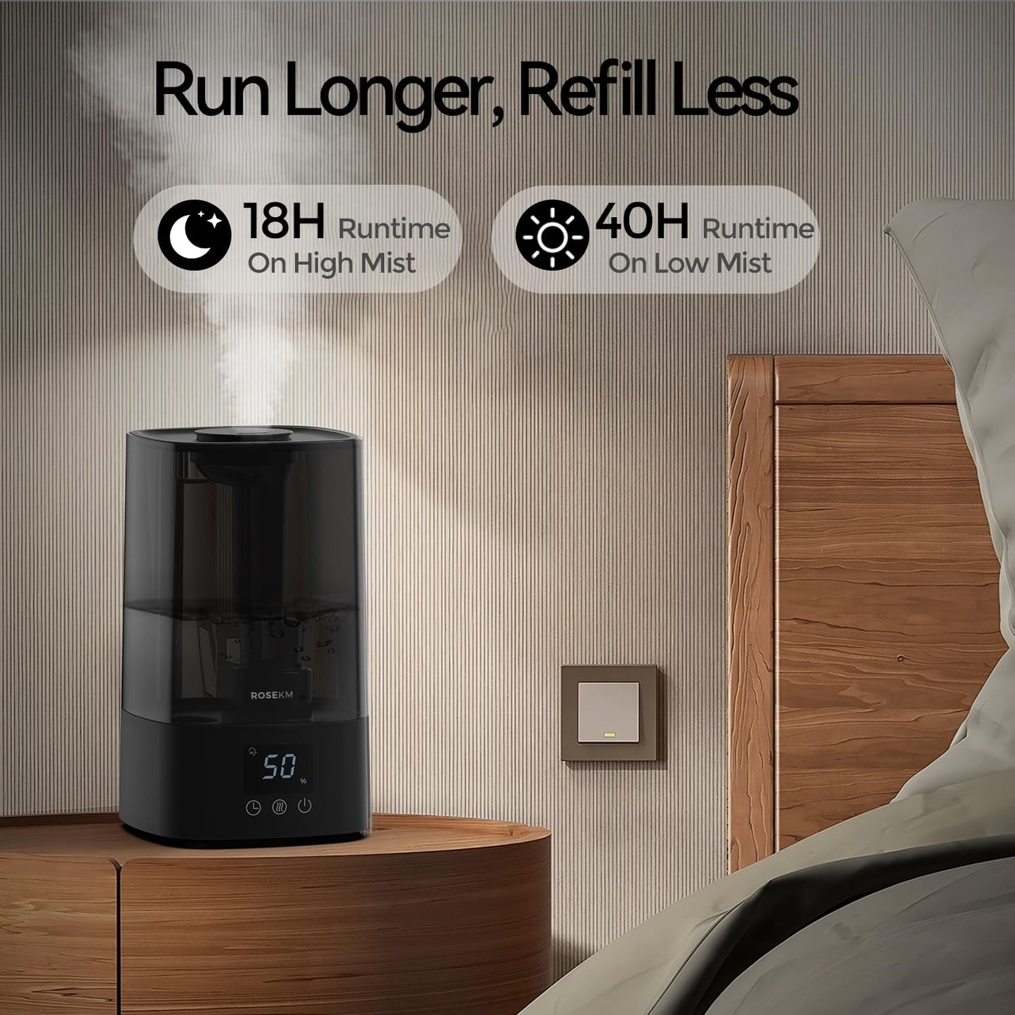 Humidifiers for Bedroom, 2.0L Cool Mist Humidifier for Home Plant and Baby Nursery, Quiet Ultrasonic Humidifier with 360° Nozzle, Auto Shut-Off, Filterless, Black