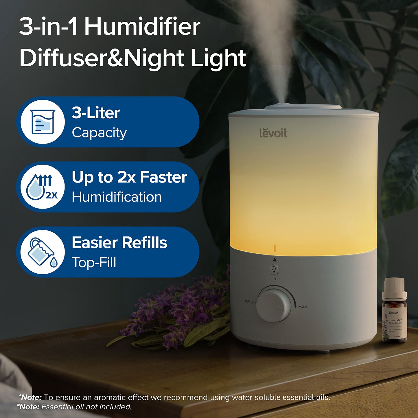 LEVOIT Top Fill Humidifiers for Bedroom, 2.5L Tank for Large Room, Easy to Fill & Clean, 28dB Quiet Cool Mist Air Humidifier for Home Baby Nursery & Plants, Auto Shut-off and BPA-Free for Safety, 25H