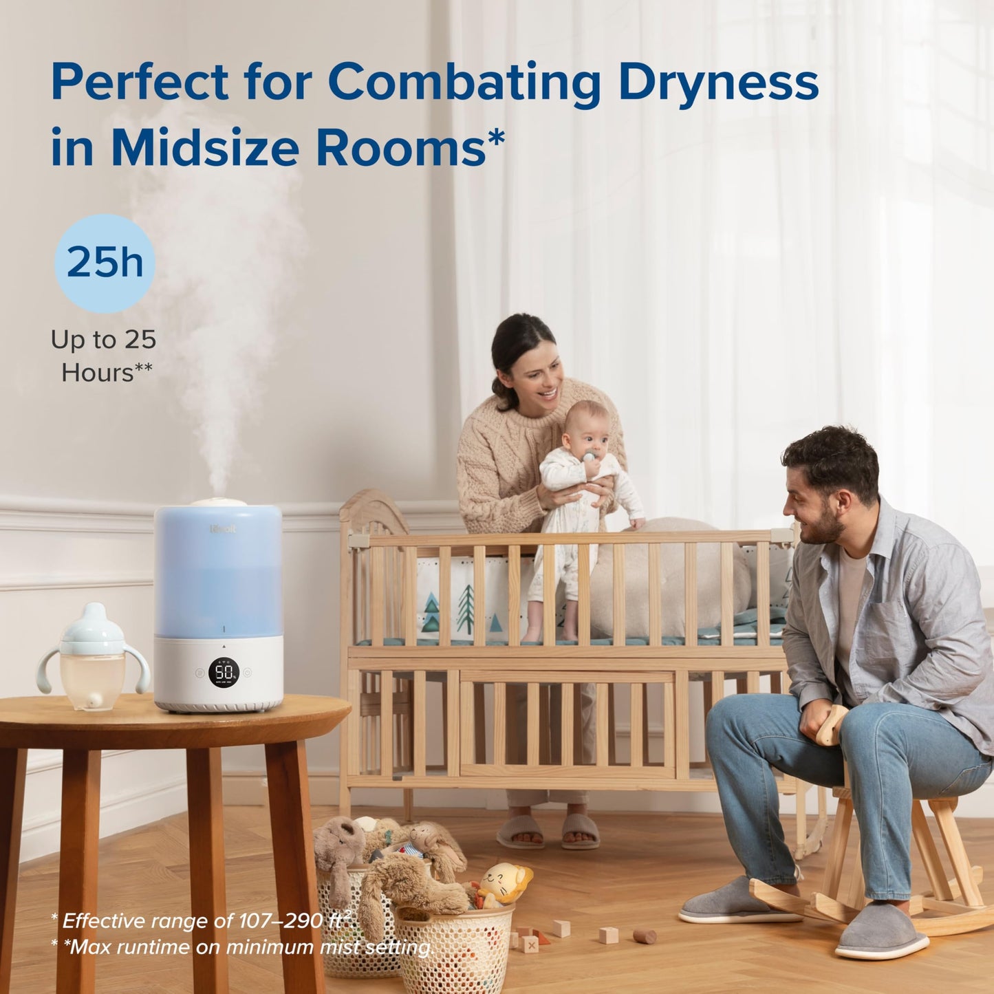 LEVOIT Top Fill Humidifiers for Bedroom, 2.5L Tank for Large Room, Easy to Fill & Clean, 28dB Quiet Cool Mist Air Humidifier for Home Baby Nursery & Plants, Auto Shut-off and BPA-Free for Safety, 25H