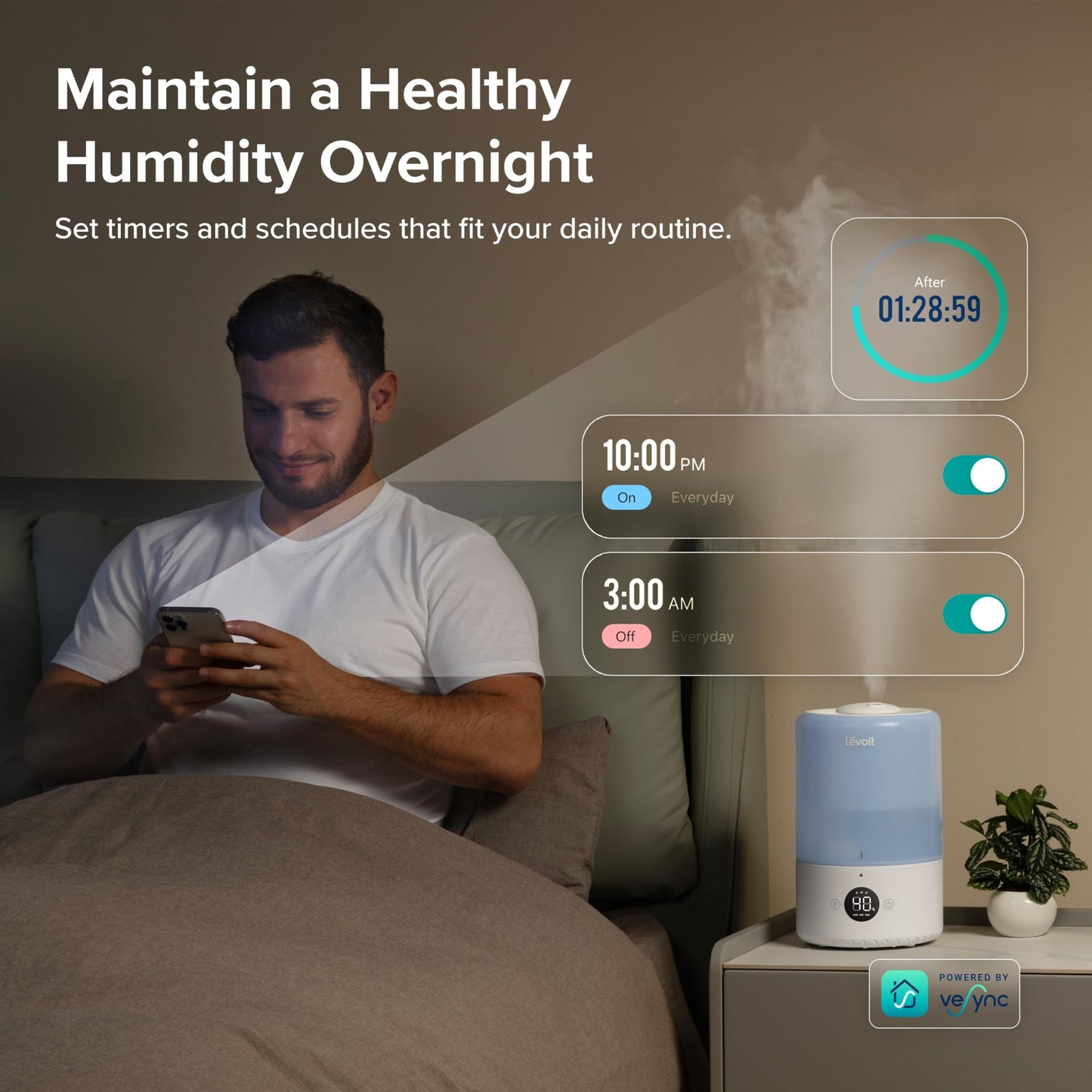 LEVOIT Top Fill Humidifiers for Bedroom, 2.5L Tank for Large Room, Easy to Fill & Clean, 28dB Quiet Cool Mist Air Humidifier for Home Baby Nursery & Plants, Auto Shut-off and BPA-Free for Safety, 25H