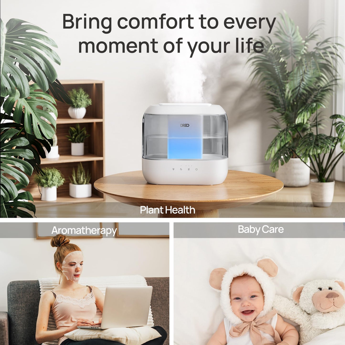 Dreo Humidifiers for Bedroom, Top Fill 4L Supersized Cool Mist Humidifier, 36H Runtime, 28 dB Quiet Ultrasonic Air Humidifier for Large Room, Plants, Baby Nursery, Indoor, Night Light, Easy to Clean