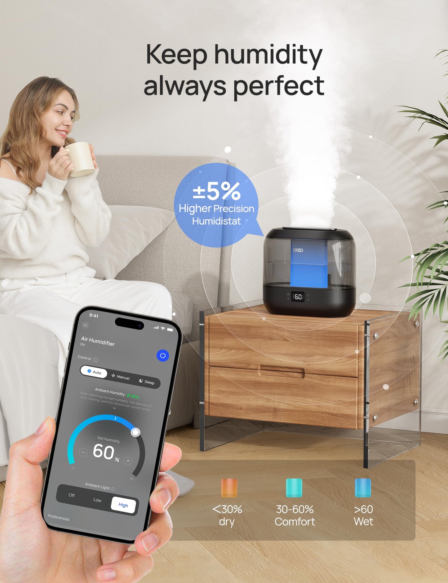 Dreo Humidifiers for Bedroom, Top Fill 4L Supersized Cool Mist Humidifier, 36H Runtime, 28 dB Quiet Ultrasonic Air Humidifier for Large Room, Plants, Baby Nursery, Indoor, Night Light, Easy to Clean